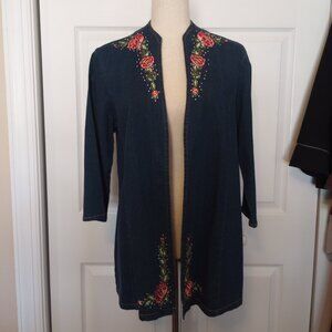 Floral Embroidered Rhinestone Boho Denim Topper Jacket sz M